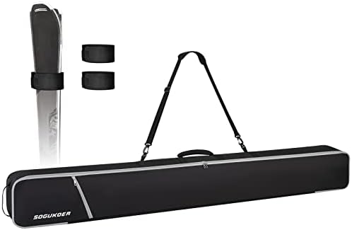 SOGUKOER Ski Bag Padded Transport Bag for Skis Detachable Shoulder Strap, Carrying Bag for Skis up to 195cm with Separated Pole Pockets, Ski Straps