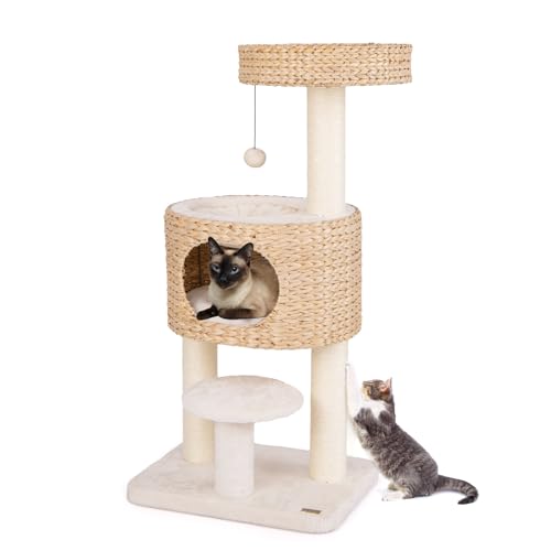 PETSITE 41 inch Modern Cat Tree for Indoor Cats, Multi-Level Small Cat Tree with Sisal Scratching Posts, Cattail Top Perch and Cat Condo, Natural