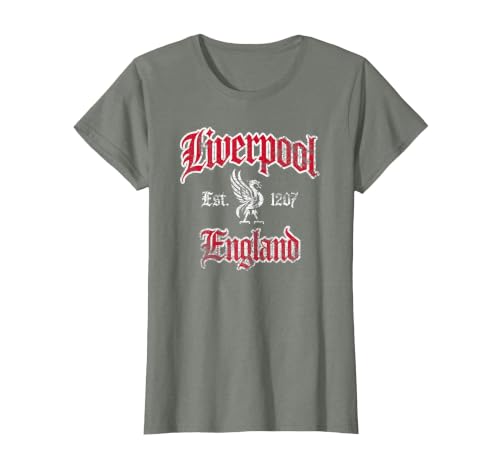 Liverpool England Est. 1207 Red and White Distressed Print T-Shirt, Women, Olive Heather, Small
