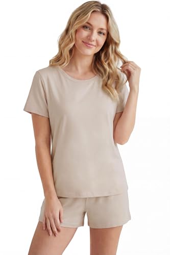 Image of LUBOT Pajamas for Women Set Bamboo Viscose with Cotton Cooling Soft 2 Piece PJ Sets Short Sleeve Nightwear S-2XL