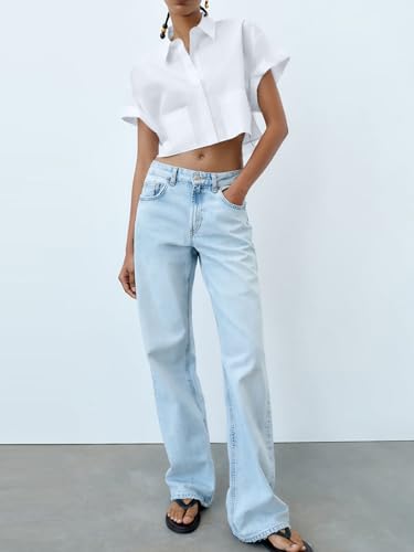 Tankaneo Womens Button Down Shirts Cropped Short Sleeve Casual Crop Tops Blouses with Pockets4