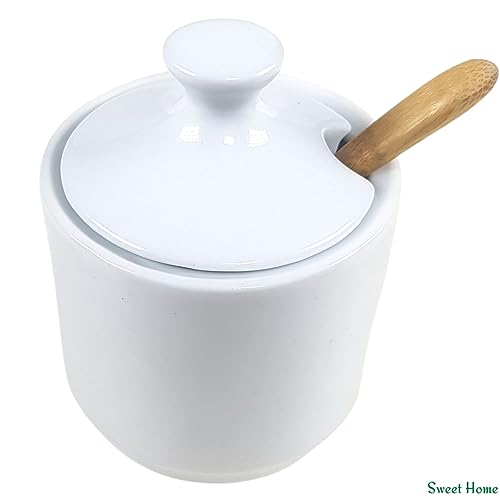 Açucareiro Porcelana Branca com Colher Bambu 250 Gramas