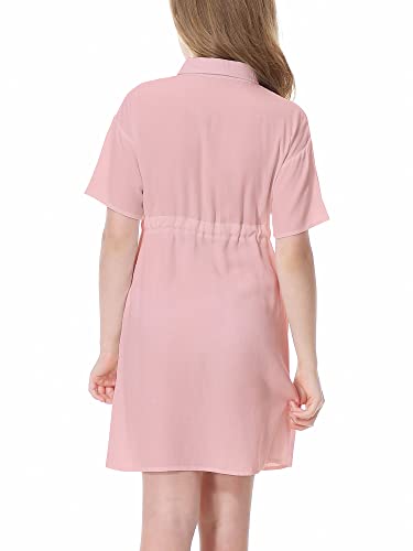 Mmoitkki Girls Pink Short Sleeve Dress Button Down Tie Waist Summer Casual Shirt Dresses With Pockets 9-10 Years #TOP2