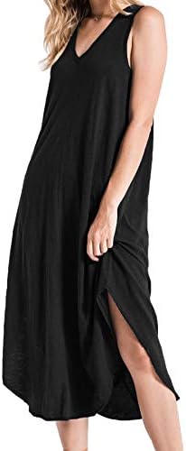 WOOSEA Women’s Casual Loose Summer Dress Sleeveless V Neck Split Midi Dresses