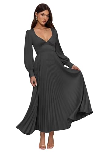 Women's Long Sleeve Bridesmaid Dresses Satin V-Neck Pleated A Line Formal Evening Dress MT009