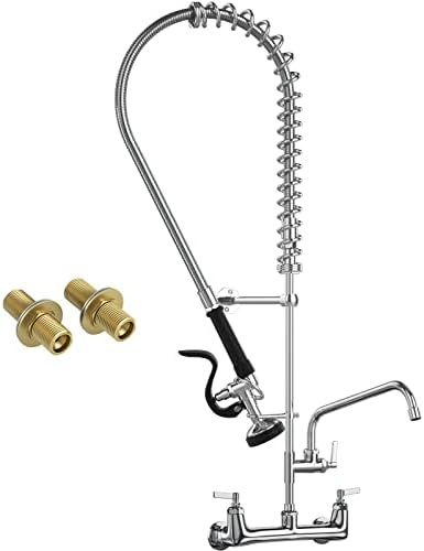JZBRAIN Commercial Faucet with Sprayer, 36'' Height 8 Inch Center Brass Constructed Wall Mount Kitchen Sink Faucet with Pull Down Pre-Rinse Sprayer and 12" Swing Spout Fit for 2/3 Compartment Sink