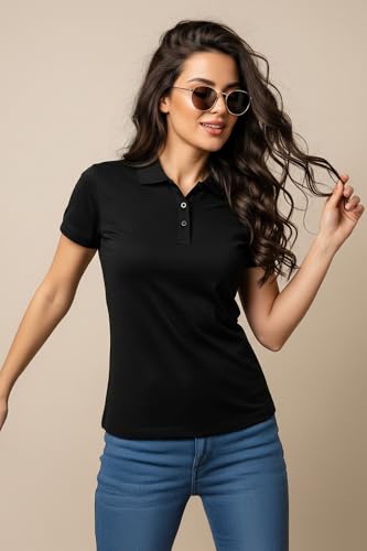 Image of JUNEBERRY Pure Cotton Regular Fit Plain Solid Classic Polo Collar Half Sleeve T-Shirt for Women (Colors: Olive, Maroon, Navy, Black, Green & Orange)