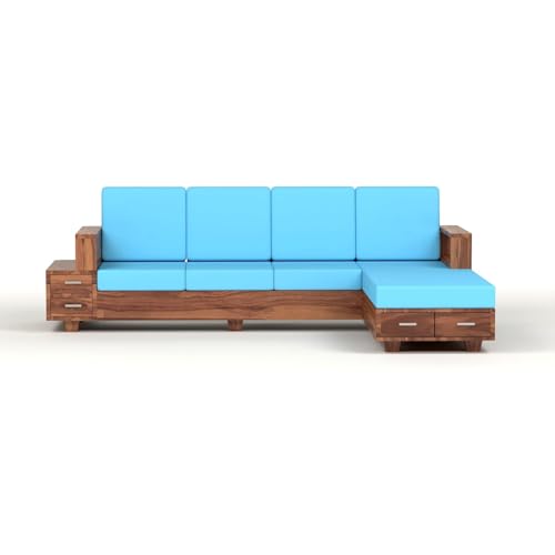 Image of Sheesham Wood 6 Seater L Shape Sofa Set with Storage Drawers and 40 Density Cushion | Solid Wooden Corner Sofa with Blue Fabric Upholstery for Living Room