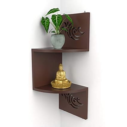 FABULO Wood Zigzag Wall Mount Corner Shelf Storage Organizer Rack - (2 Tier, Walnut Finish) Set of 1