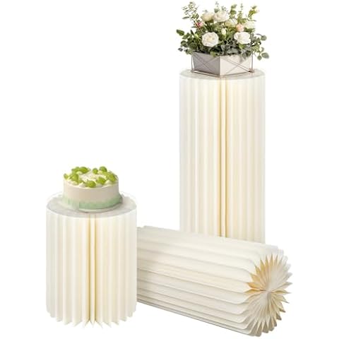 usego 3PCS Cylinder Stands with Acrylic Plate Beige Foldable Cylinder Pedestal Stand for Party Round Cylinder Pillars for Wedding Dessert Table Display Cover