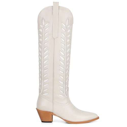 Synchoiss Cowboy Boots for Women Knee High with Retro Embroidered Cowgirl Boots Almond Pointed Toe Chunky Heel Western Tall Boots Pull on2