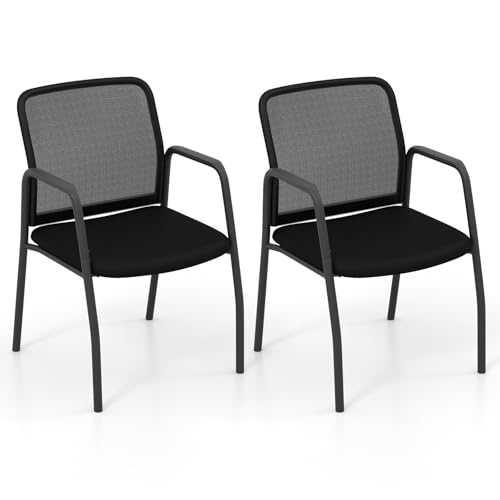 GYMAX 2 Sillas de Oficina, Sillas para Sala de Espera con Respaldo de Malla Transpirable, Asiento Acolchado, Reposabrazos, Estructura Metálica, Sillas de Conferencia Sin Ruedas, Negras