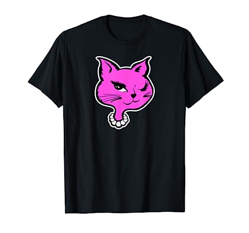Winking Cat 90's Aesthetic Winking Kitty Pink Cartoon Face T-Shirt