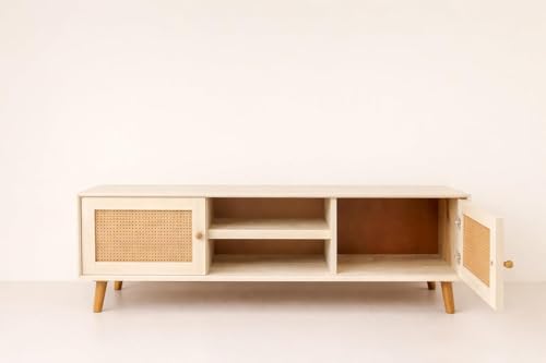Image of Premium Solid Wood, 10 Minutes Assembly (Legs Only), Aesthetic Rattan Doors, Mid Century Entertainment Center for Living Room, TV Stand for 65 inch TV, Dark Chocolate (Love S (L144))