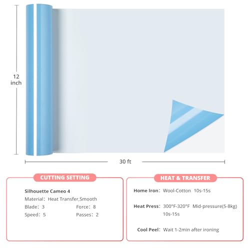 Image of HTVRONT Sky Blue HTV Vinyl Heat Transfer Vinyl Rolls - 12 inch x 30ft Sky Blue HTV Iron On Vinyl for T-Shirts, Htv Vinyl Easy Cut & Weed