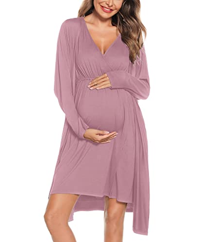 Image of SWOMOG Women Maternity Nursing Gown and Robe Set 3 in 1 Labor Delivery Nursing Nightgown for Breastfeeding Hospital Bathrobe