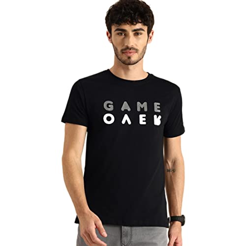 Image of Bewakoof Men's Game Over Minimal Typography Hooded Half Sleeve T-Shirt
