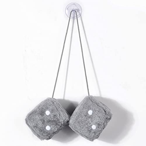 Image of 2.95'' Retro Fuzzy Plush Dice Car Charm Square Plush Dice Car Rear View Mirror Hanging Ornament Car Mirror Hanging Accessories, Gray