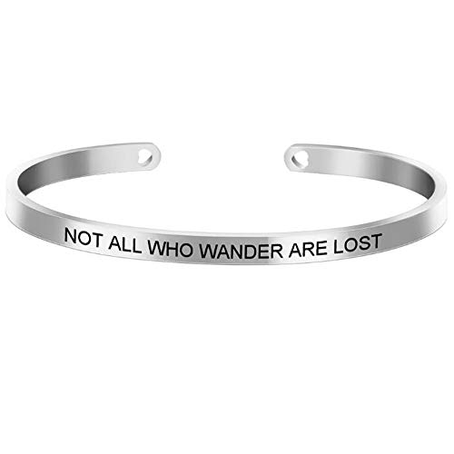 Stackable Stainless Steel Inspiration Mantra Cuff Bangle Bracelet Graduation Gift (Not All Who Wander are Lost)