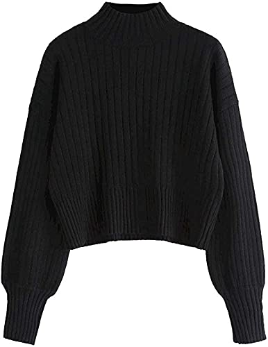 Zaful Women's Crew Neck Long Sleeve Pullover Crop Sweater Mock Neck Lantern Sleeve Ribbed Knit Jumper Sweater #TOP3