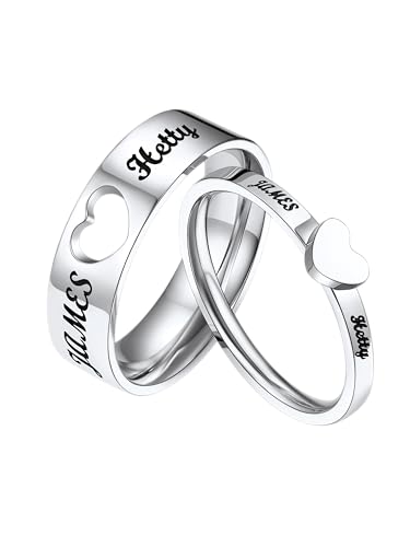 Bestyle Custom Couple Rings - Stainless Steel Heart Promise Rings for Women Men, Engagement Wedding Bands with Gift Box, Silver Gold Black (3 Colors)