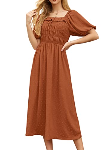 GRECERELLE Womens Summer Casual Midi Maxi Dress Square Neck Half Sleeve Ruffled Backless Smocked Elastic Waist Swiss Dot Cocktail Long Dresses for Ladies (Orange, L)