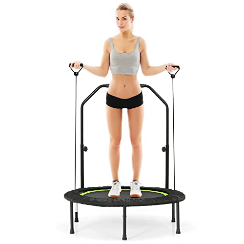 GOPLUS Fitnesstrampolin Indoor, φ101cm mini Trampolin mit verstellbarem Handlauf, klappbares Kindertrampolin bis 150kg belastbar, Gartentrampolin für Erwachsene (Grün)