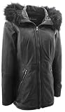 Abrigo de lona de cuero negro suave para mujer, longitud de la cadera, capucha extraíble, parka Sofia, Negro, 40