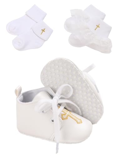 Baby Baptism Shoes & Socks, Boys Girls Infant Toddler, Soft Sole White Christening Sneaker Socks, 3PC