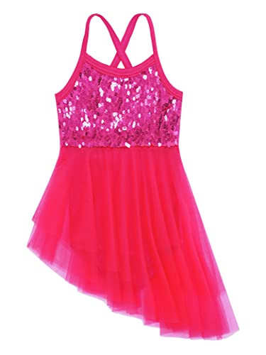 Daenrui Kids Girls Sparkly Sequined Ballet Dance Asymmetric Tutu Dress Leotard Figure Skating Outfit Dancewear Rose 9-10 Years