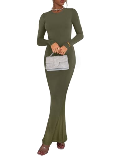 Image of REORIA Women's Sexy Crew Neck Lounge Long Dress Elegant Long Sleeve Ribbed Bodycon Maxi Dresses