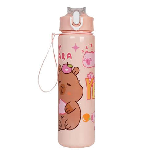 Capybara - Botella de agua deportiva de 700 ml con popote y asa, botella de agua portátil de gran capacidad, botella de agua kawaii para niños y niñas, uso diario (rosa)