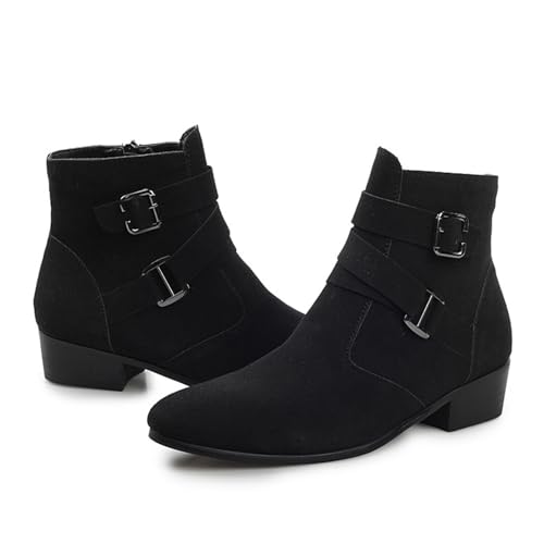 Men'S PU Block Heel Dress Chelsea Boots With Side Zipper Pointed Double Buckle Chunky Heel Non-Slip Business Chukka Motorcycle Comfortable Walking Ankle Boots