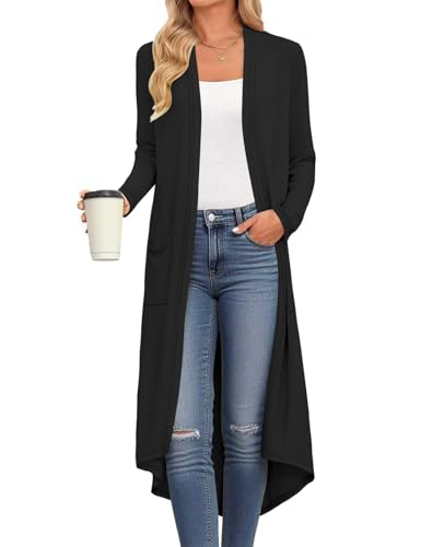 DB MOON Womens Long Cardigan Fall Lightweight Long Sleeve Sweater Light Weight Winter Open Front Sweaters with Pockets M Black
