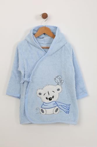 %100 Pamuk Kapüşonlu Bebek Çocuk Bornoz Havlu Mavi 3 Yıl - Görsel 2