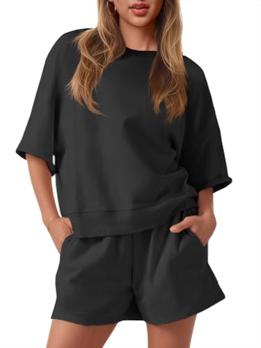 Fisoew Womens 2 Piece Outfits Casual Oversized Cropped Sweatshirt and High Waist Running Shorts Tracksuit Sets, Black, Medium