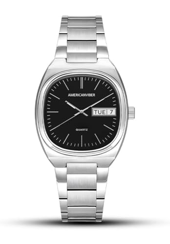 Image of AMERICANVIBER Men's Stainless Steel Classic Analog Watch, Casual & Business, with Cushion Case Dial and Day-Date Display