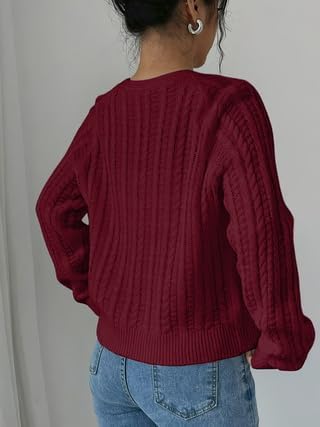 Women's Cable Knit Cardigan Sweater, Navy Blue, Long Sleeve, V-Neck, Cropped Style, Casual Wear - Image 3