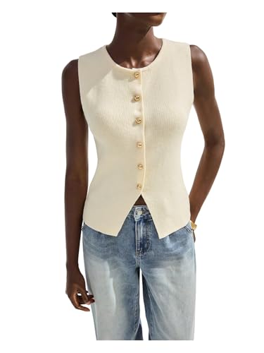 GORGLITTER Women's Button Down Vest Top Dressy Vintage Sleeveless Knit Old Money Sweater Cardigan Tops3