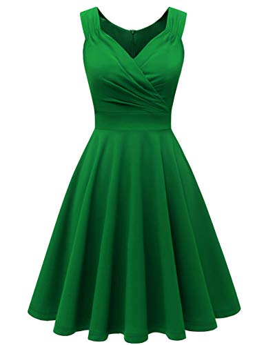 bridesmay 1950er V-Ausschnitt Rockabilly Kleid Vintage Retro Knielang Cocktailkleid FaltenrockGreen XL