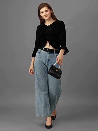 Image of SXV Ruched Pullover Black Velvet Crop Top