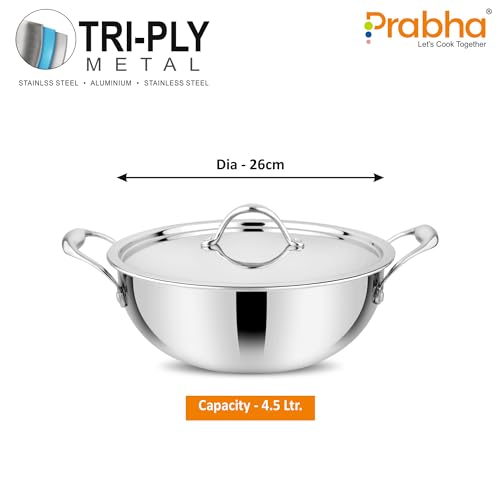 Image of Prabha Prima Deep Kadhai with Lid, Stainless Steel, Kitchen Kadhai, 26cm, 4.5L, Induction & Non Induction Base, 60 Months Warranty