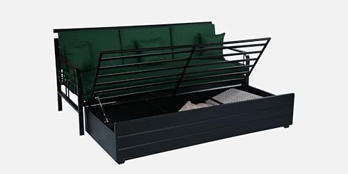 Image of 3 Seater Metal Sofa Cum Bed with Hydraulic Storage | Sofa Set for, Living Room, Guest Room, Bedroom| King Size Convertible Sofa Bed Comfortable Seating |King Size (Peacock & Black)
