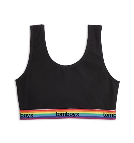 Image of TomboyX Essentials Soft Bra for Women, Cotton Blend, Full Coverage Wireless Bras, Low Impact with Scoop Neck and No Padding, Black Rainbow Logo, 5X-Large