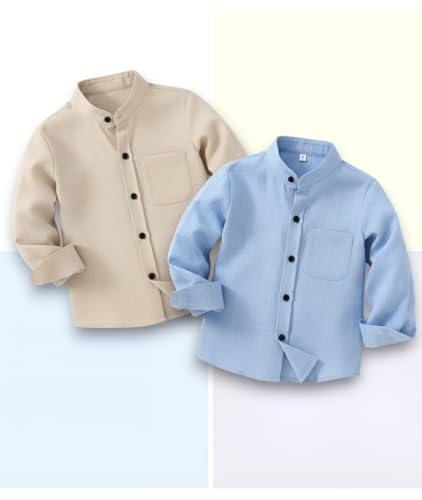 Image of Boys Mandarin Collar Shirt with Chest Pocket Beige and Rama Blue Color, Long Sleeve Button-Down Casual Shirt Pack of 2