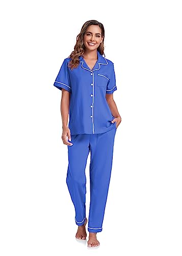 Image of COLORFULLEAF Women's 100% Cotton Pajamas Set Button Down Sleepwear Short Sleeve Shirt and Long Pants Soft Ladies Lounge Sets