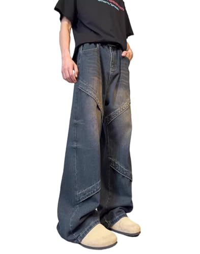 Unisex Y2K Baggy Wide Leg Jeans, High Waist Loose Fit Streetwear Denim Pants with Diagonal Stitching Retro Style