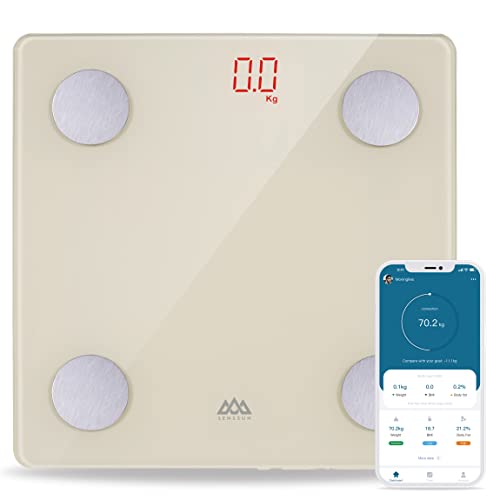 SENSSUN Bascula de Baño Digital Grasa Corporal,Inteligente Báscula Grasa Corporal Bluetooth,Monitores de Composición Corporal, 150kg/330lb 26 * 26cm, Pantalla LED(Blanco crema)