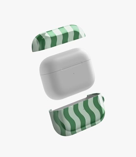 Image of Matcha Wave Glossy Case Compatible with AirPods Pro 1, Cute Green Wavy Stripe Protective Hard Cover with Keychain Loop, Aesthetic Retro Earbud Accessories for Women and Girls