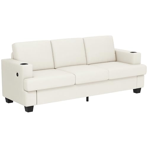 HOMCOM 3 Seater Sofa with USB Ports & Cup Holders, 213 cm Modern Chenille-Feel Fabric Sofa with Thick Padded and Steel Frame, Upholstered Settee for Living Room, Bedroom, Home Office, Cream White